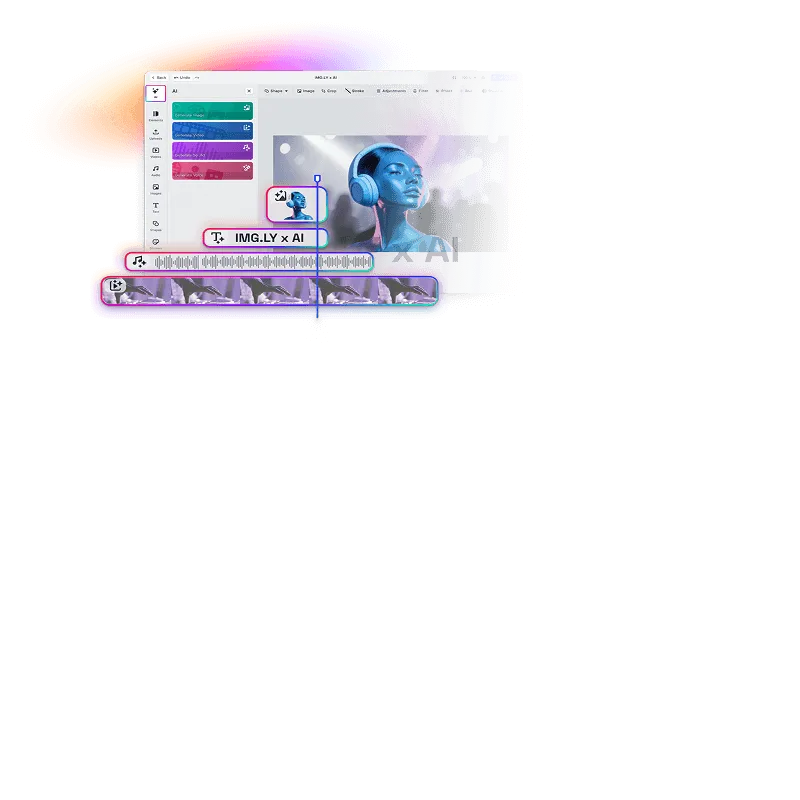 An AI editor composing generative image, video, and audio tracks