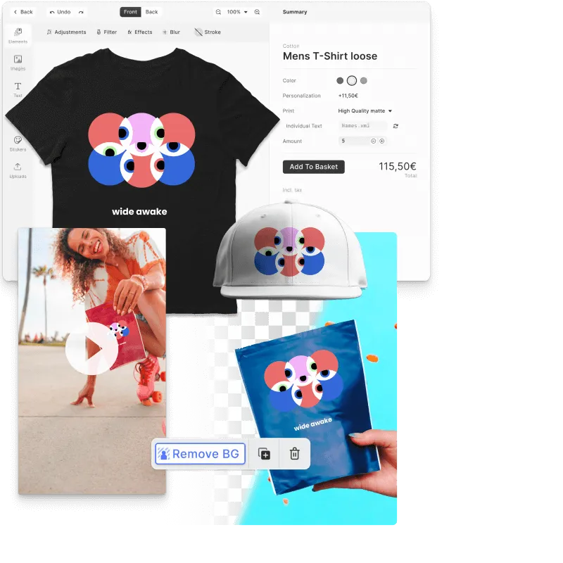 A t-shirt design editor with apparel and merch product mockups and a checkout panel