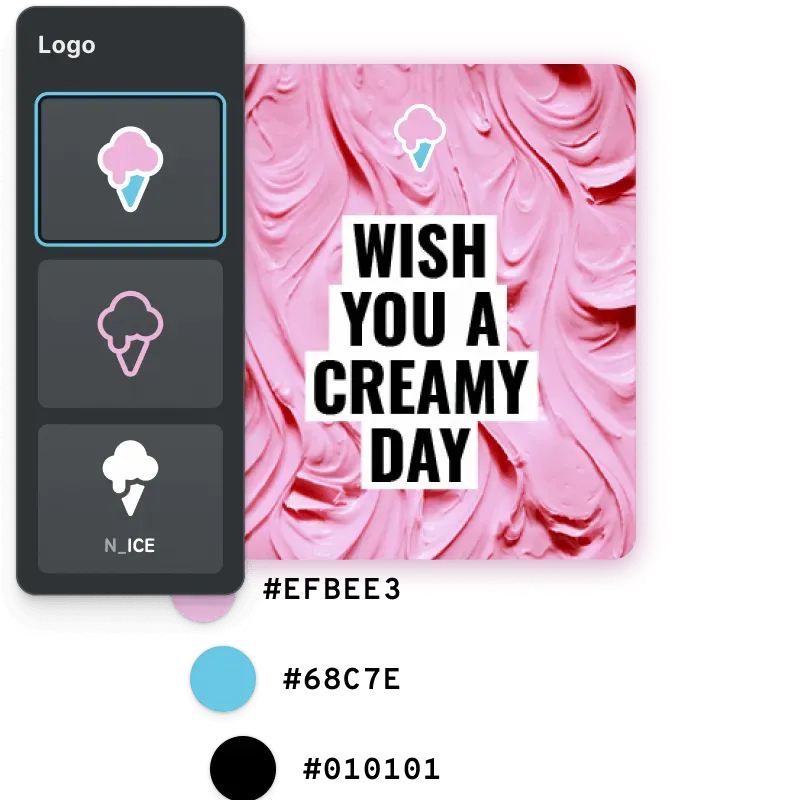 A brand logo picker beside a branded social graphic in the design editor
