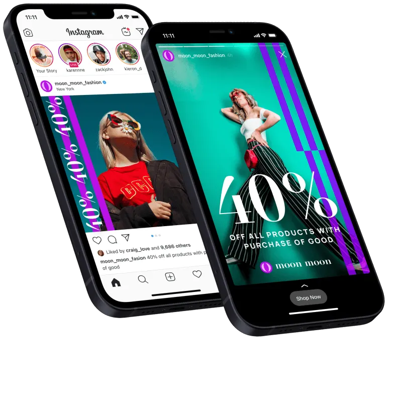 Two phones showing branded Instagram feed and story designs