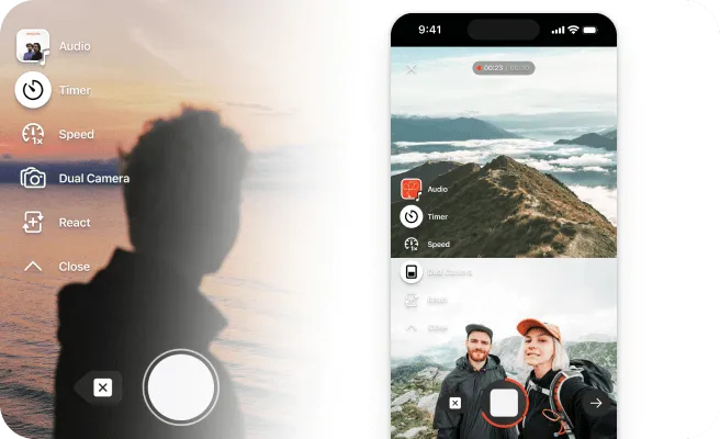 A phone camera interface with dual-camera and timer controls