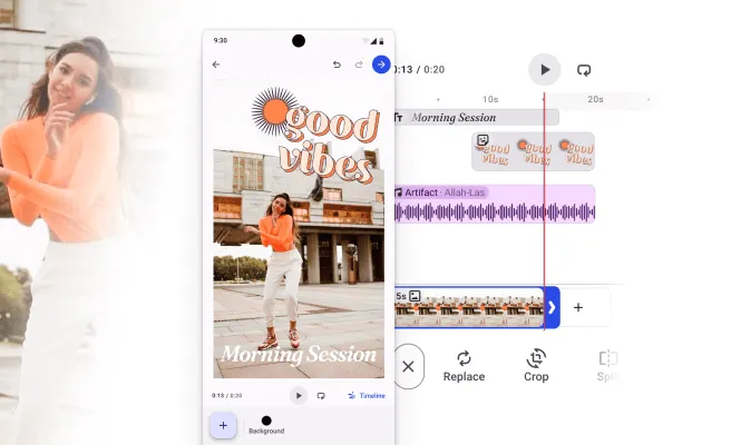 A phone editing a vertical video reel with a timeline