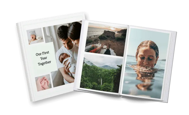 An open printed photo book spread