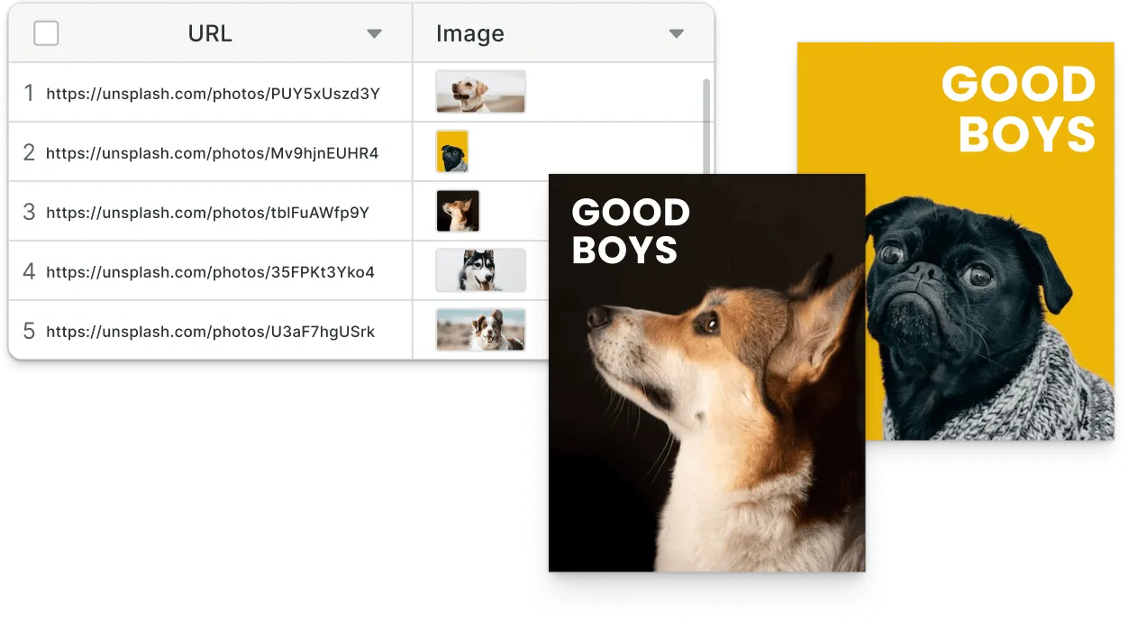 A data table feeding personalised poster designs, each rendered with a different photo