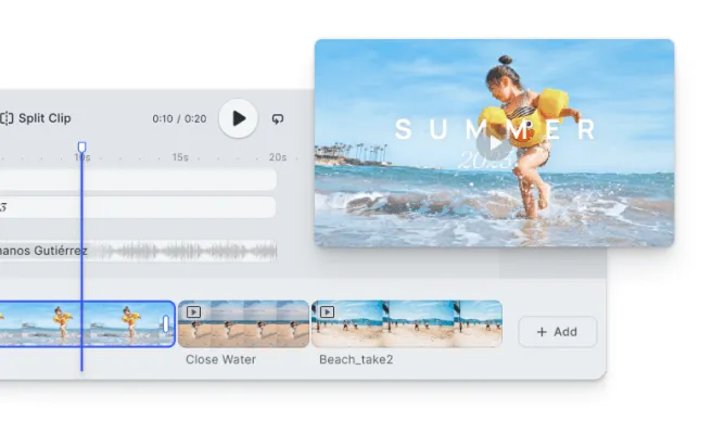 A video editor timeline with clips and an audio track