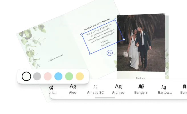 A web-to-print editor with a card design, font picker, and bleed-margin guides